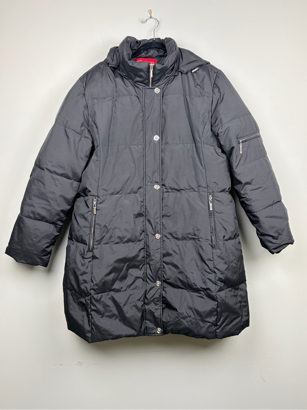 Anne Klein XL Black Down Puffer Coat Hooded Long Winter Jacket